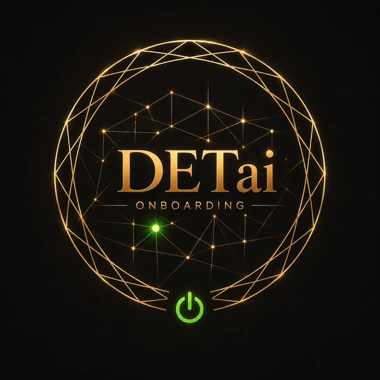 On a dark background, the gold text “DETai Onboarding” appears inside a circular network of glowing connections and nodes, with a green power button symbol below.