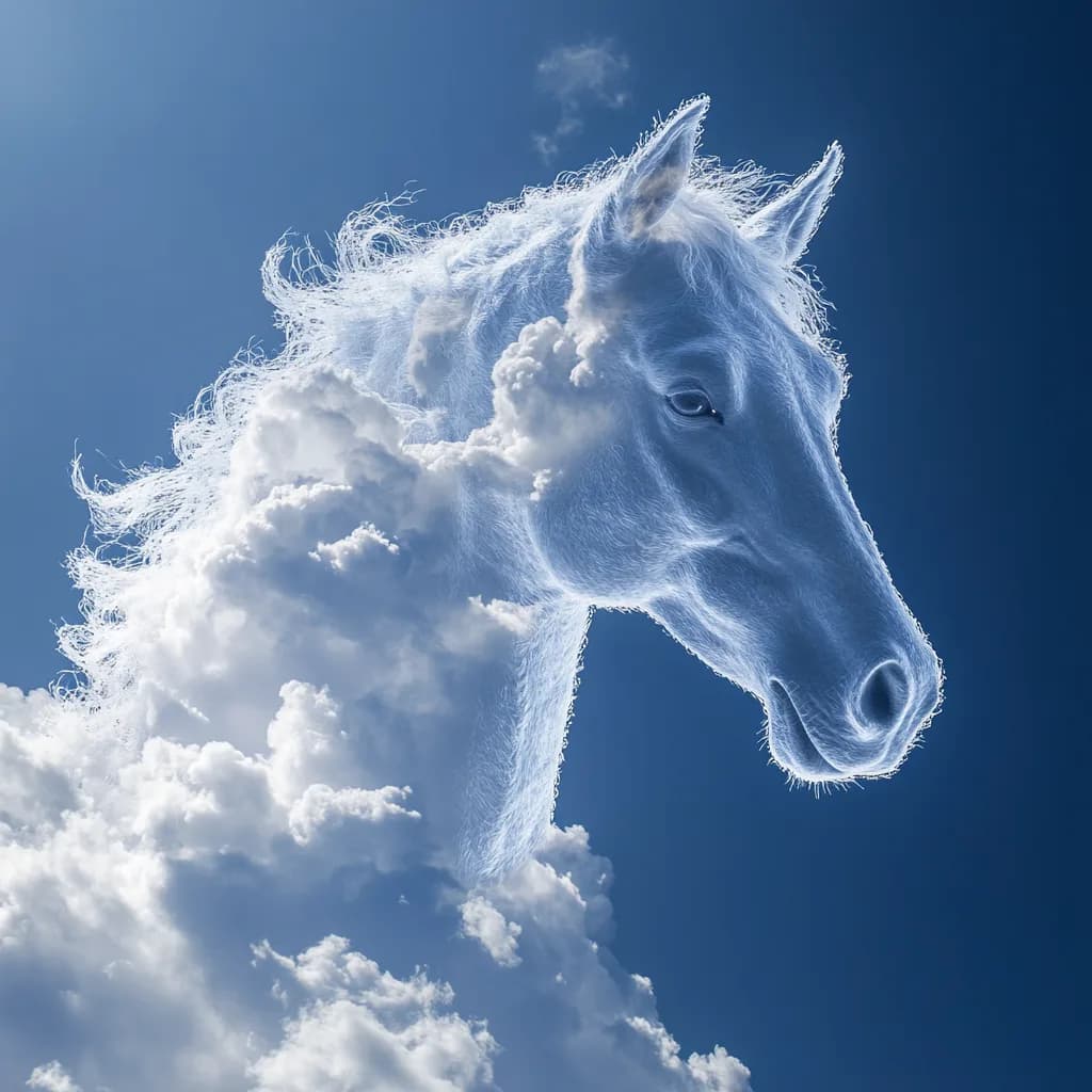 A white horse whose mane and chest merge into clouds against a blue sky.