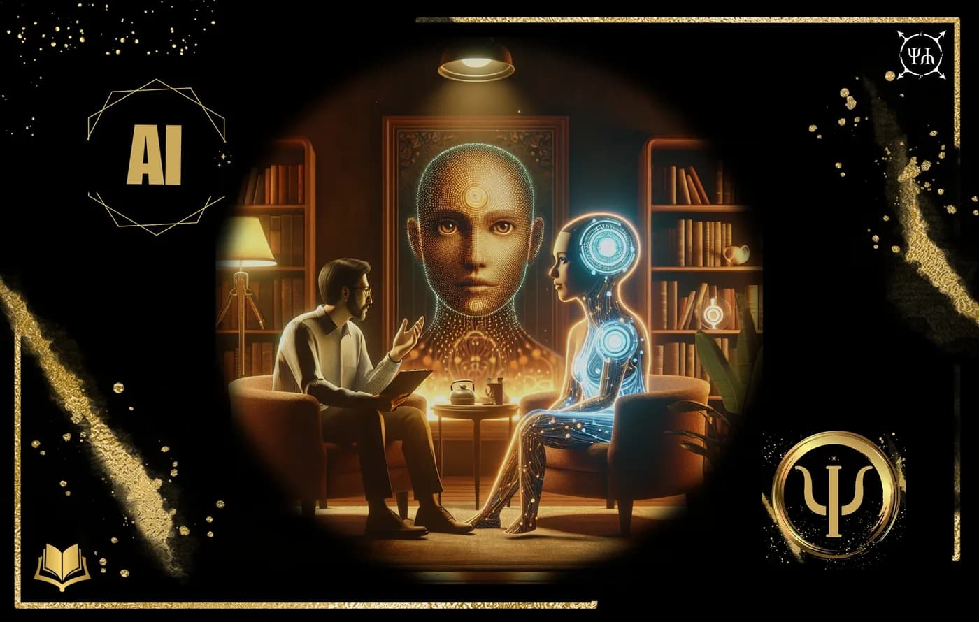 A psychotherapist talks with a humanoid robot in a library, with a large digital face behind them.