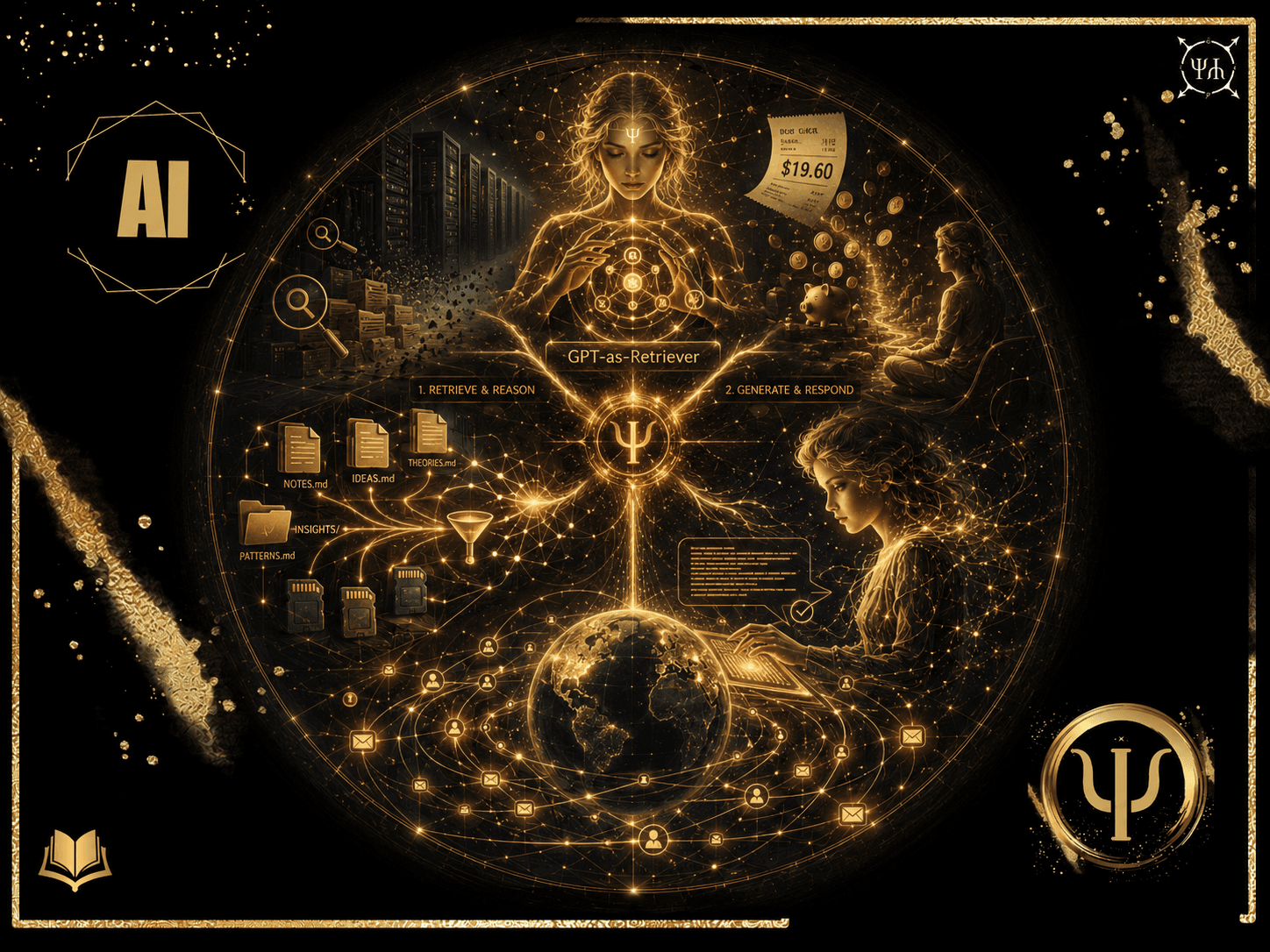 A black-and-gold GPT-as-Retriever diagram with a digital figure, servers, Markdown files, a globe, and a $19.60 bill.