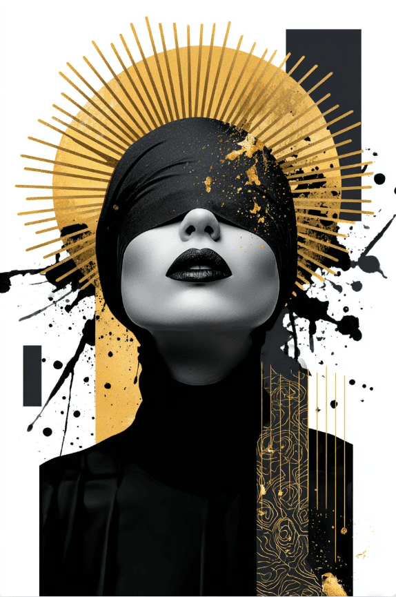 A stylized female portrait with the eyes covered by black fabric, surrounded by a golden circle, black-and-gold splashes, and geometric forms on a white background.