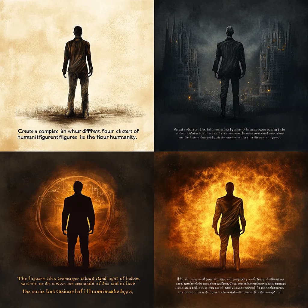 Four silhouettes of a man in separate luminous, dark, and fiery scenes.
