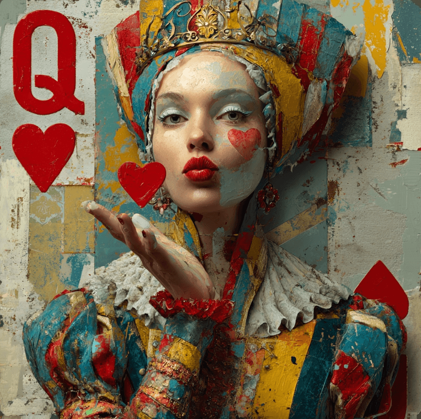 A Queen of Hearts in a vivid collage costume blows a kiss.