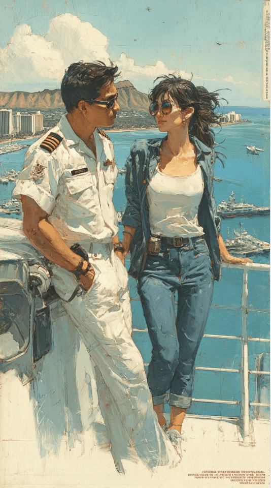 Ein Marineoffizier und eine Frau in Jeans sprechen auf einem Schiffsdeck.