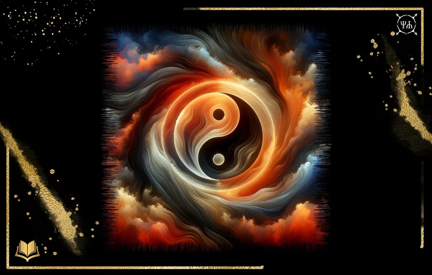 Vaaleat ja tummat virtaukset muodostavat yin-yang-symbolin tulisten pilvien keskellä