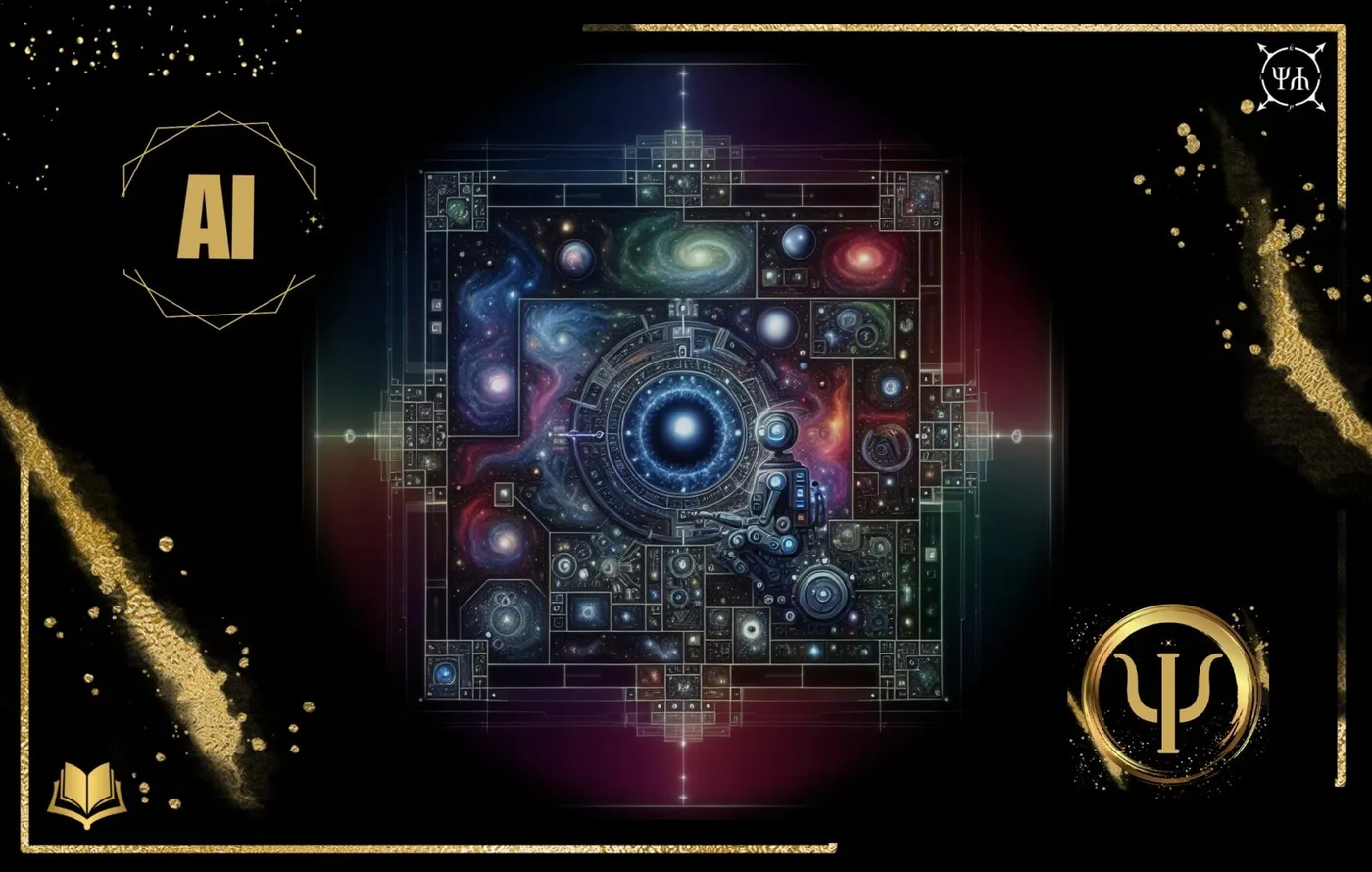 A cosmic AI-system diagram with galaxies, interface blocks, and a Psykhḗ symbol.