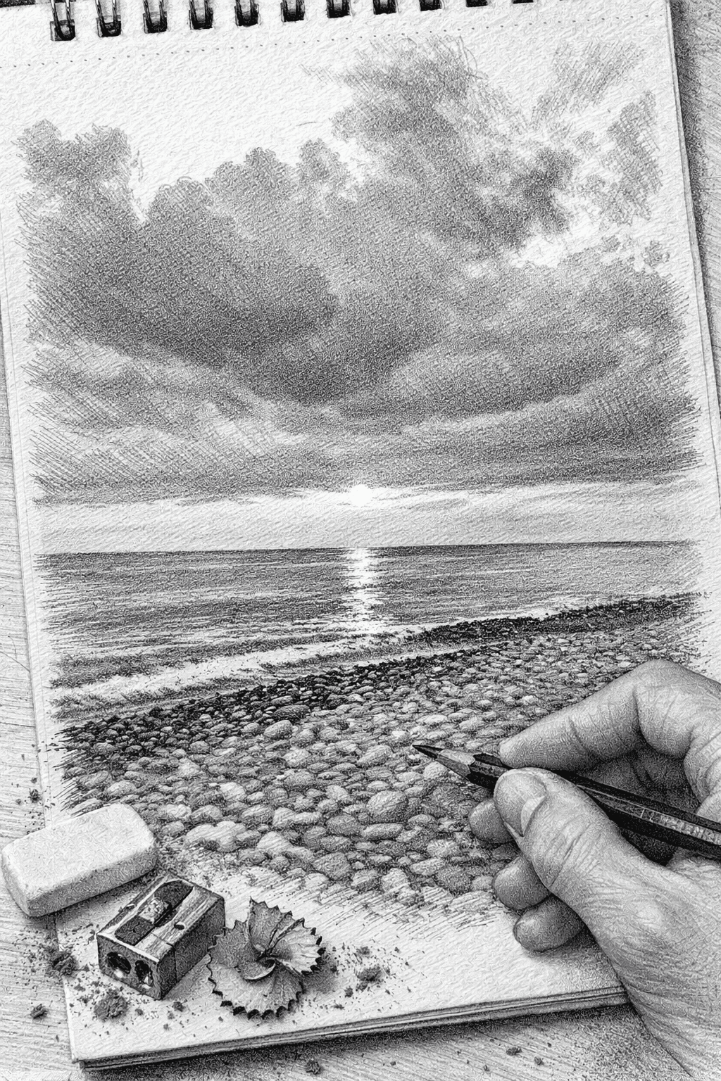 A hand draws a seashore and clouds in an open sketchbook with a pencil.