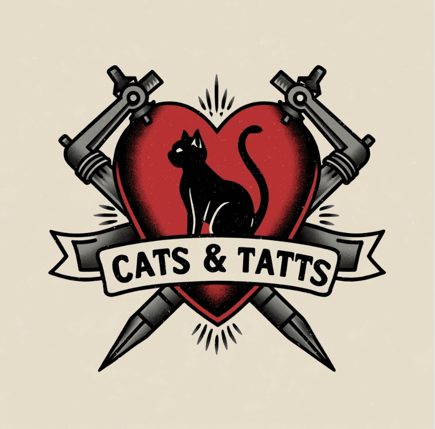 A black cat sits inside a red heart between two tattoo machines.