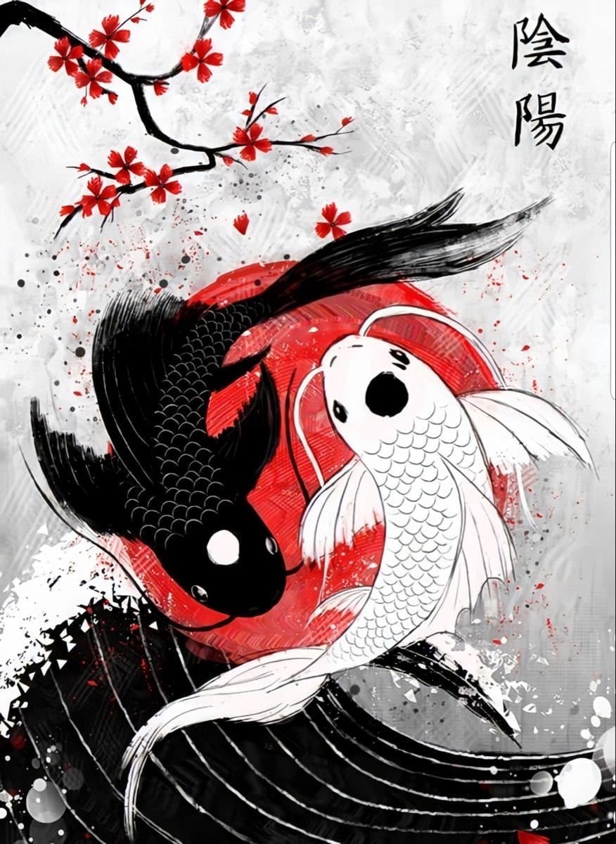 Black and white koi form a yin-yang symbol against a red circle and flowering branches.