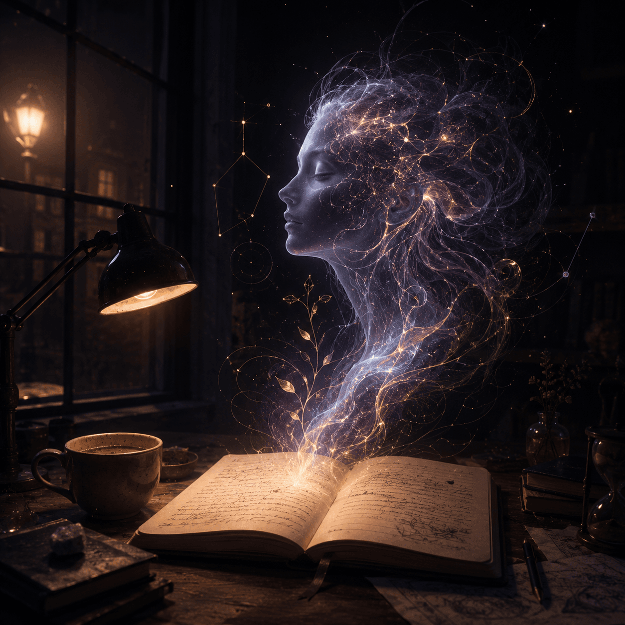 A luminous female figure rises from a handwritten notebook in a night workshop.