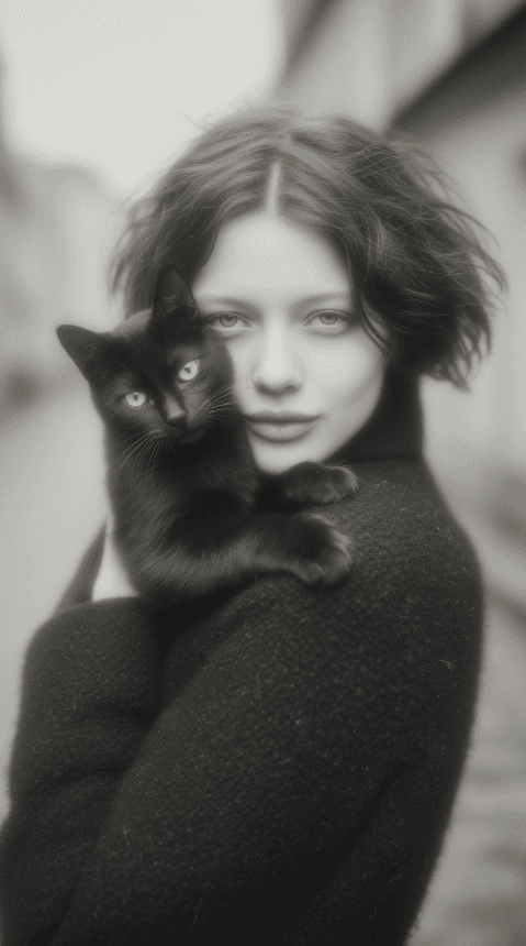 Black-and-white portrait of a woman holding a black cat.