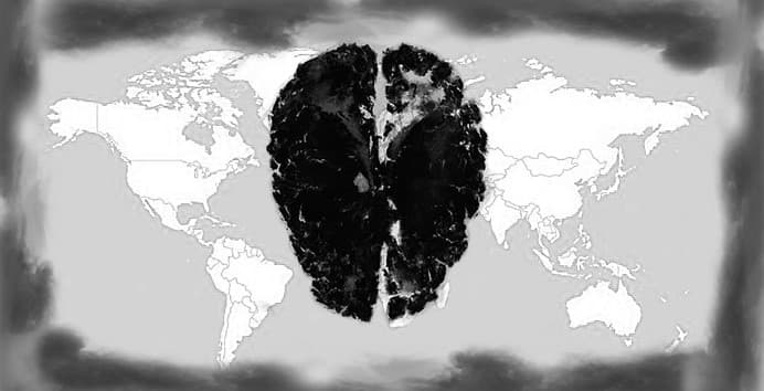 Black human lungs superimposed on a gray map of the world.