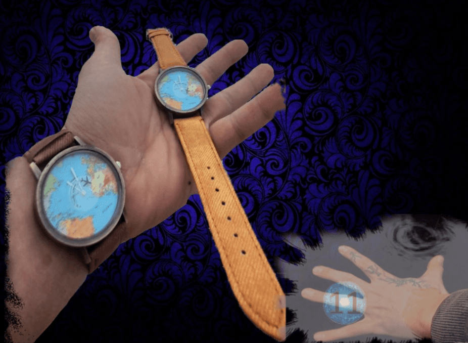 Two hands with world-map watches and a glowing number 11 in one palm.