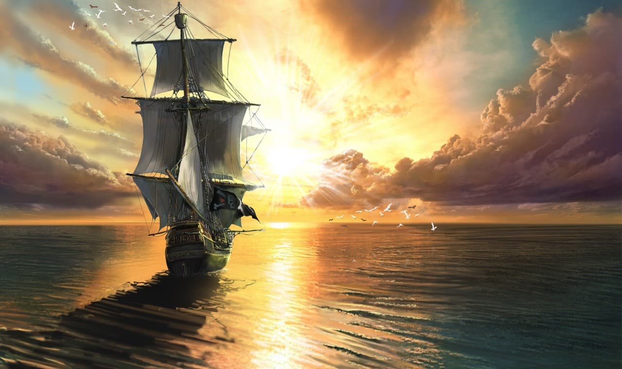 A sailing ship crosses the sea toward a bright light on the horizon.