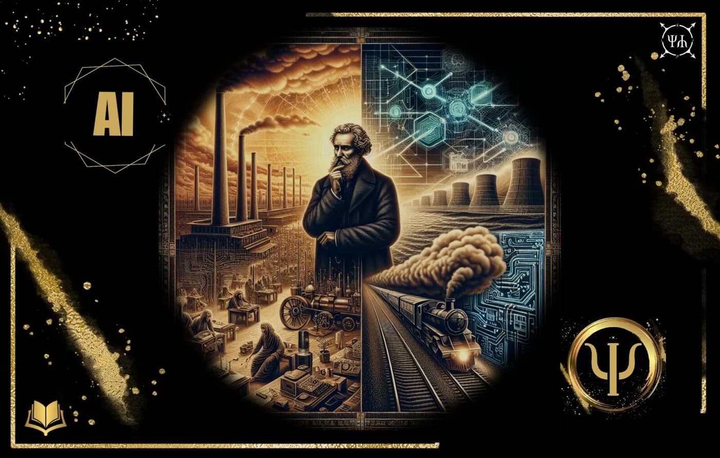 A steam train crosses a black-and-gold collage of Marx, factories, power stations, circuitry, and a female AI figure.