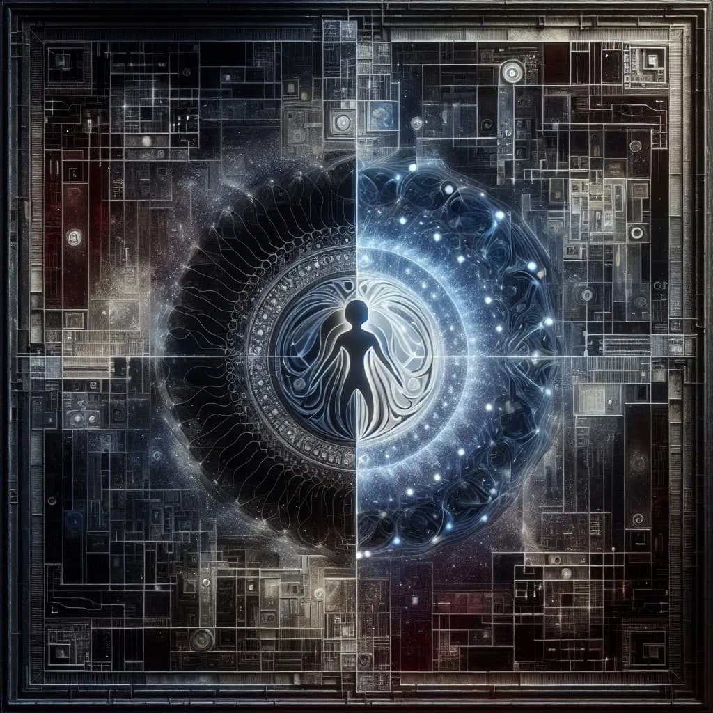 A luminous human silhouette at the center of a dark abstract network of digital circuits.