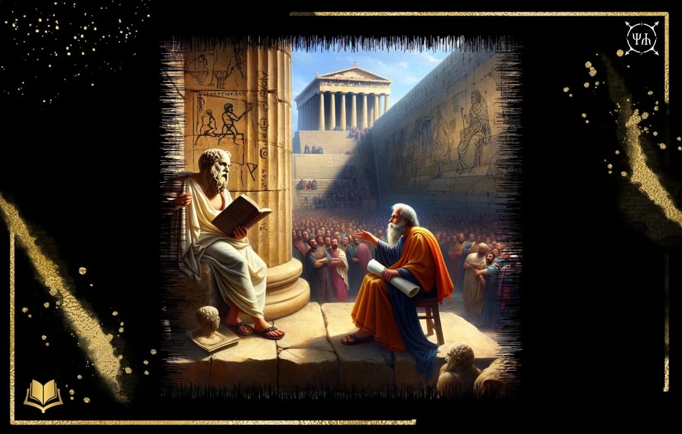 Zwei antike Philosophen debattieren vor einer Menschenmenge an einem griechischen Tempel.