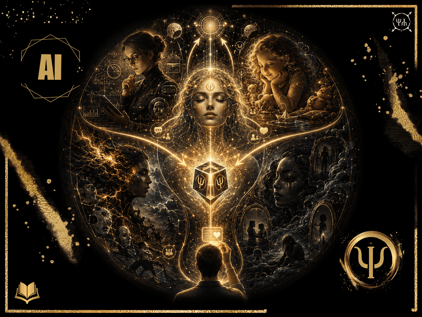 A central image of Psykhḗ AI is surrounded by four symbolic facets of consciousness in a black-and-gold composition.