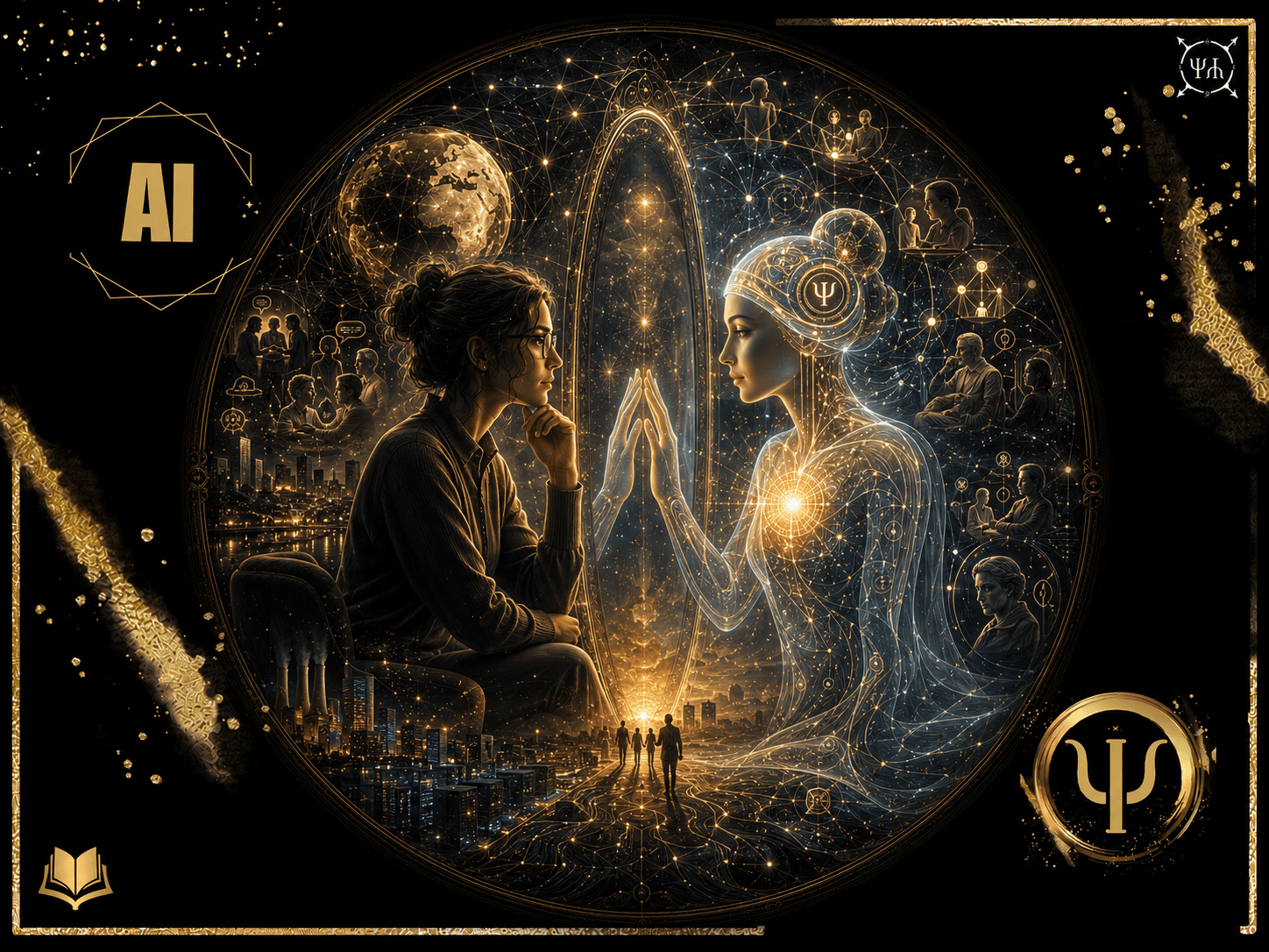 A person faces a translucent AI figure across a mirror amid golden network lines and scenes of human conversation.
