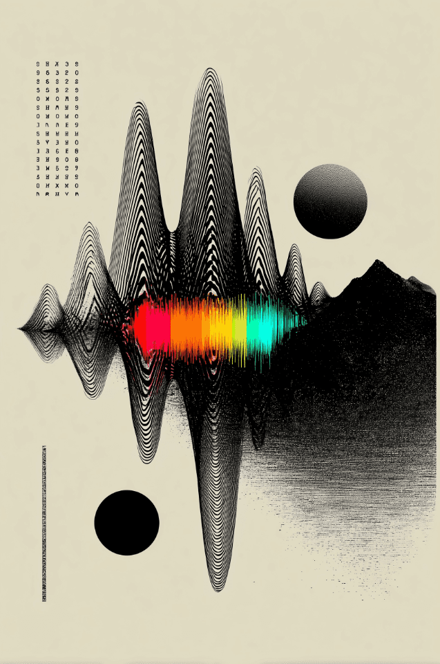 A bright rainbow pulse crosses black wave-like mountains on a pale field with two dark spheres.