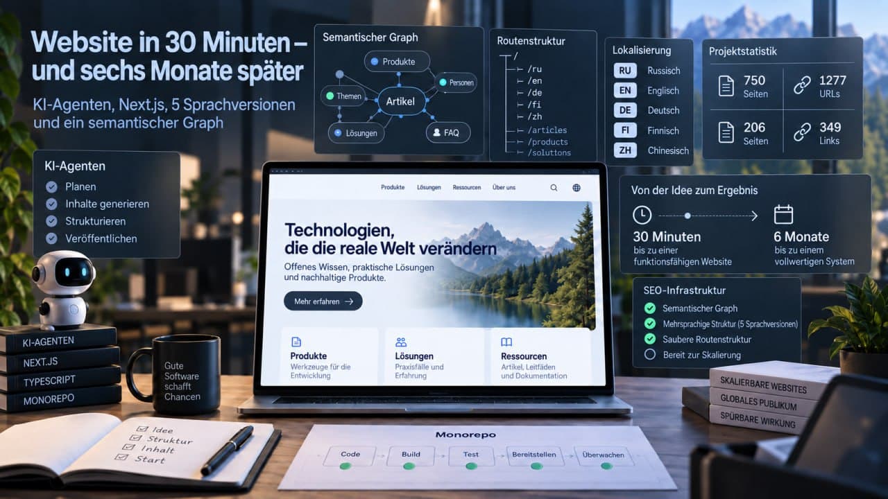 Laptop mit einem Website-Mockup, umgeben von Panels zu semantischem Graphen, Lokalisierung, Routenstruktur, KI-Agenten und SEO-Infrastruktur.