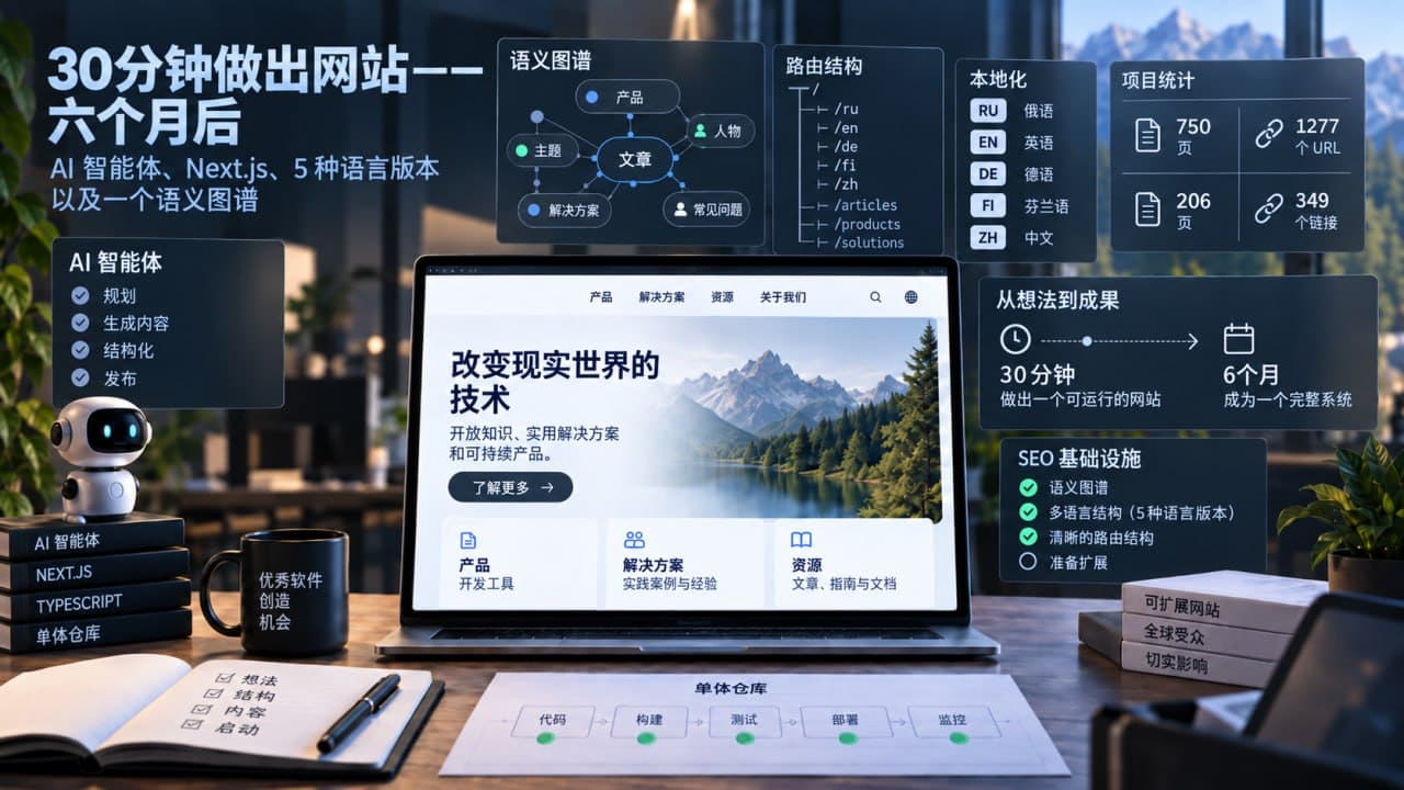 一台展示网站模型的笔记本电脑，周围环绕着语义图谱、本地化、路由结构、 AI 智能体和 SEO 基础设施面板。