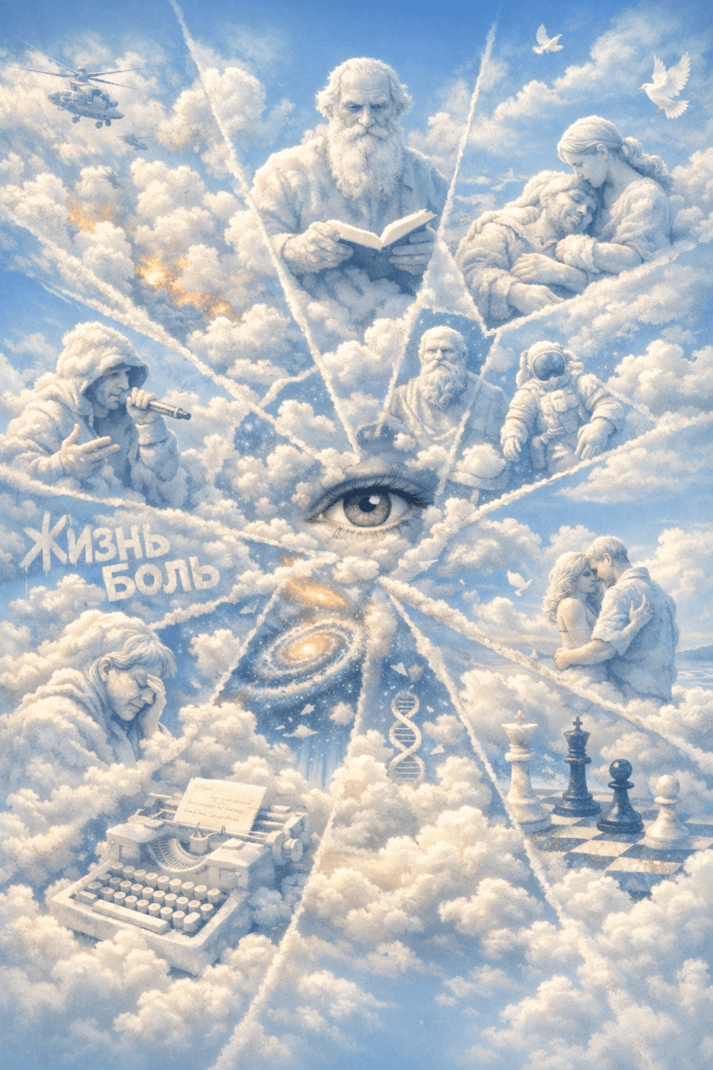 A surreal composition radiating from a human eye, with fragments of reading, rap, war, family, space, DNA, chess, a galaxy, and the Russian words “Жизнь Боль”.