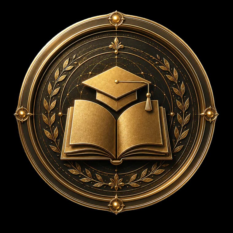 Golden symbol of the DET educational domain with an open book and academic cap on a transparent background