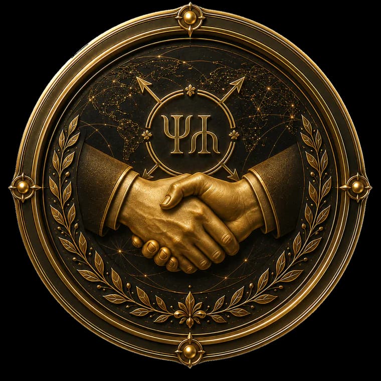 Golden symbol of DETai partnerships with a handshake, world map, and ecosystem logo