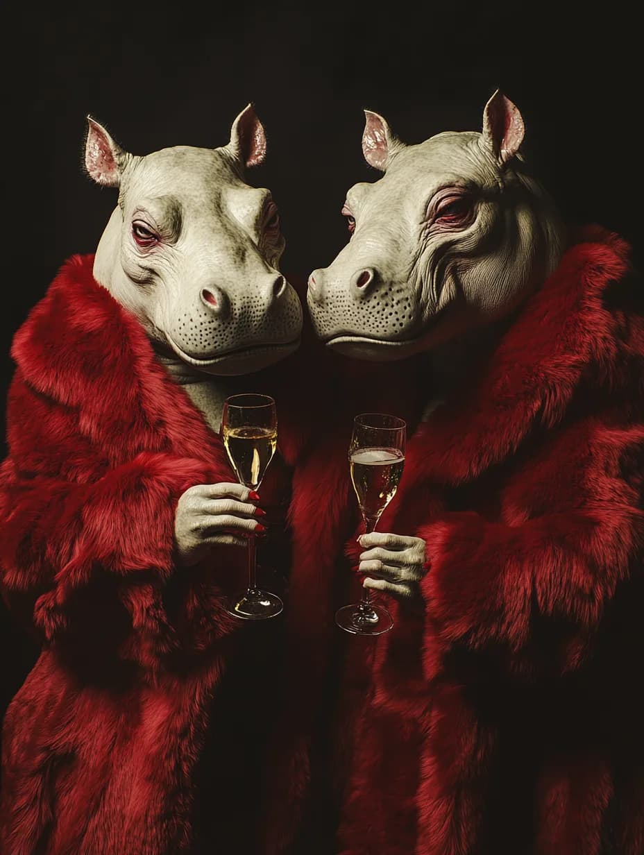 Two figures in hippopotamus masks and red fur coats hold champagne flutes.