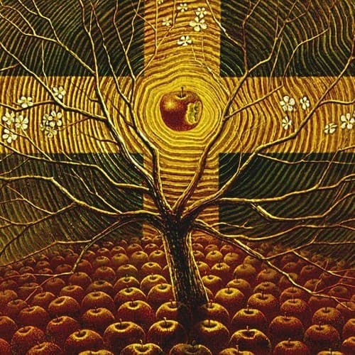 A golden Tree of Knowledge with apples on a black background.
