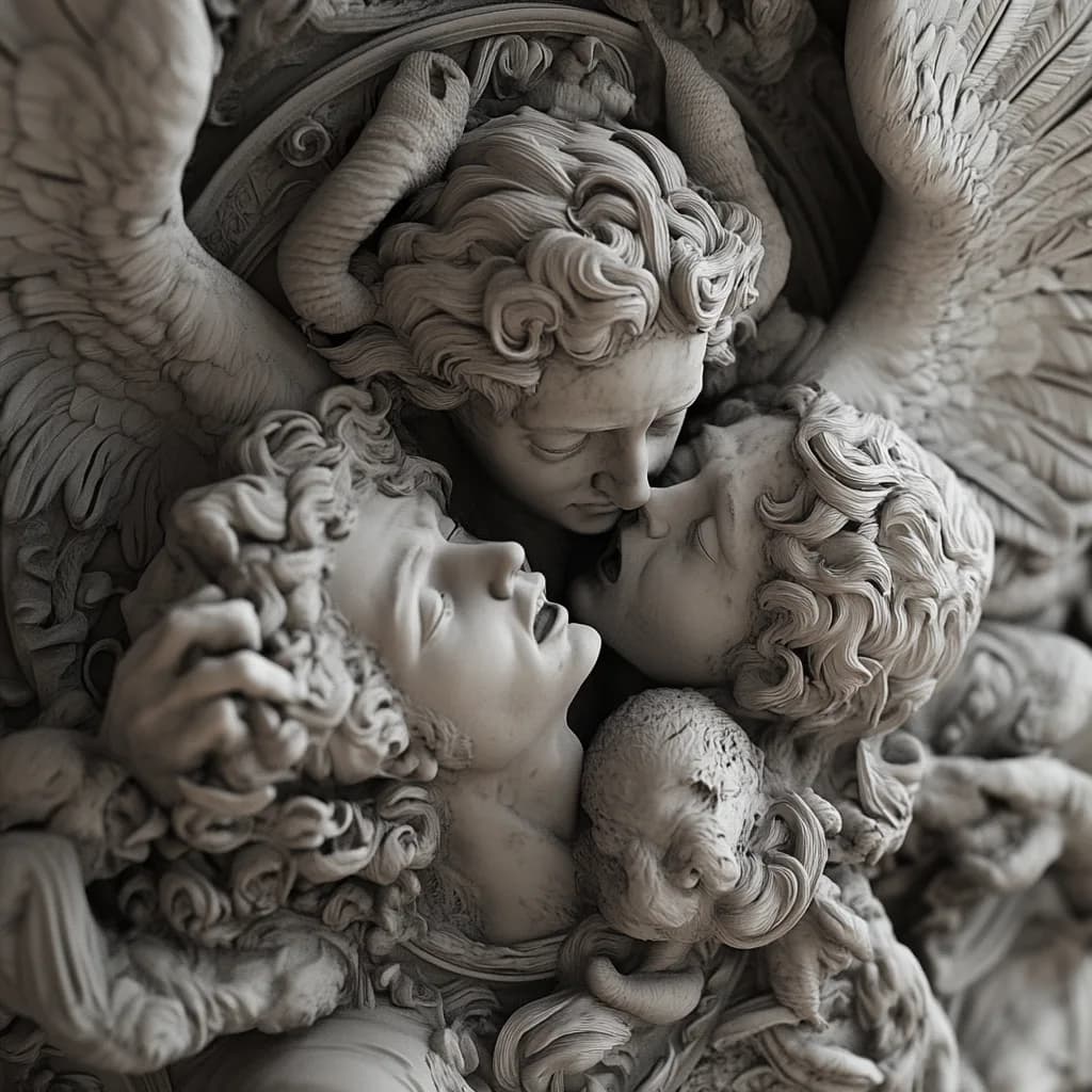 A close view of a gray stone relief in which winged figures are tightly intertwined in a tense scene.