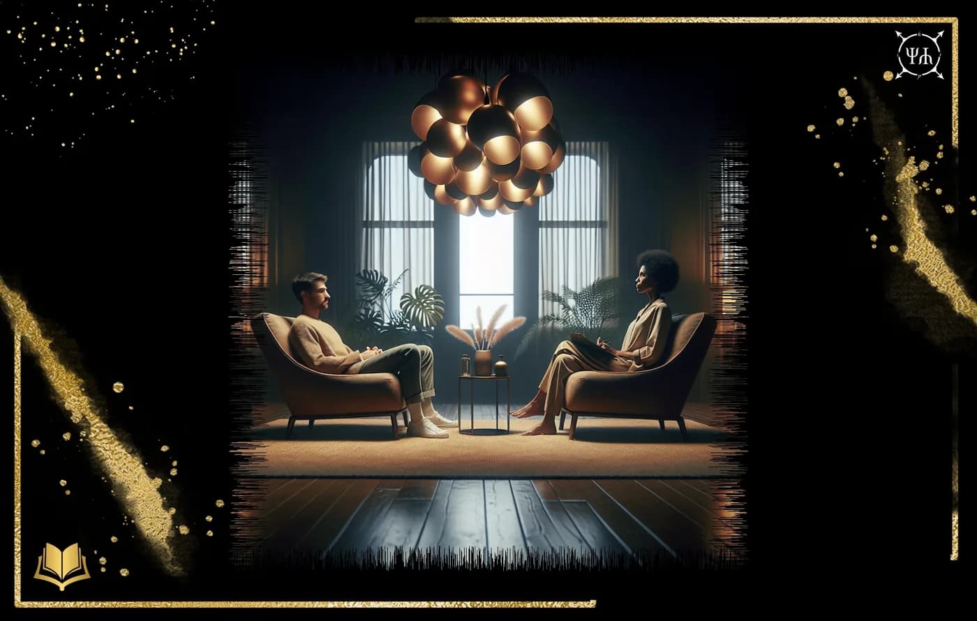 Two people talk while seated opposite each other in armchairs in a therapy office.